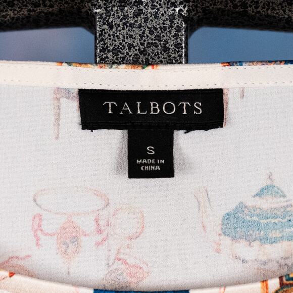 Talbots Tea Party Theme Blouse Women's SMALL Colorful Satin Cups Chairs England - Picture 7 of 7